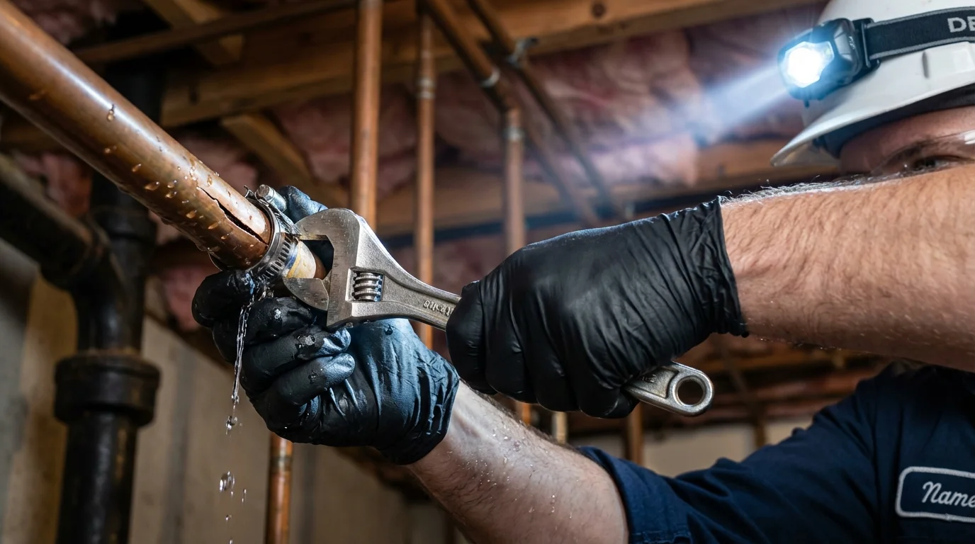 Emergency pipe clamp repair being performed by a Johns Plumbing LLC plumber in Lakemore