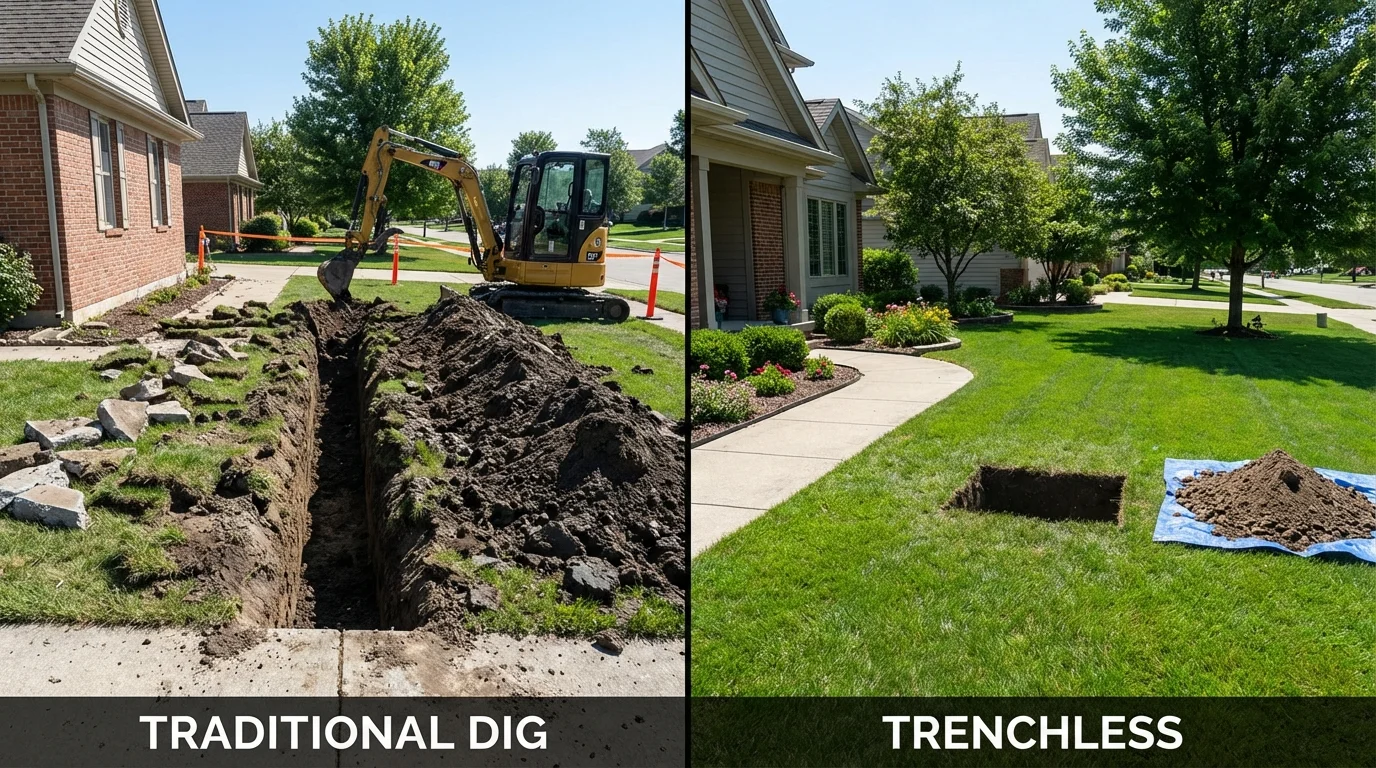 Trenchless sewer repair with minimal yard damage versus traditional excavation in Lakemore, OH